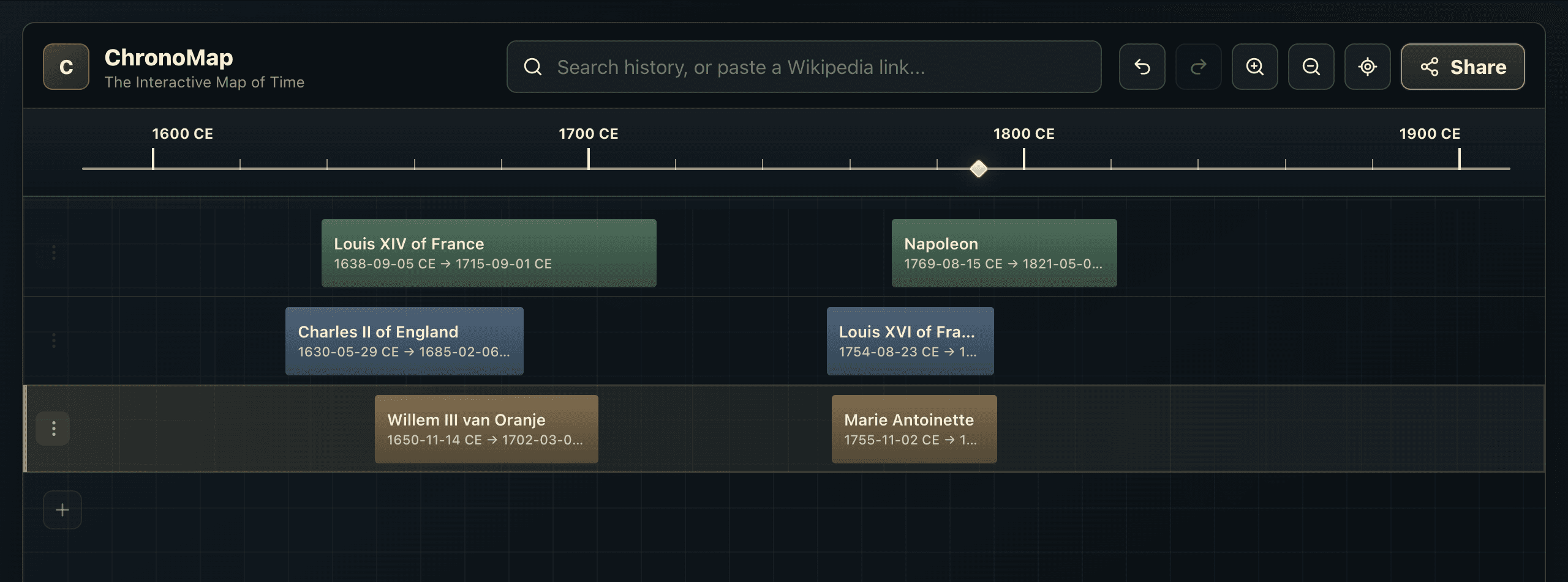 ChronoMap app showing a multi-track history timeline editor with a locked time axis, Wikipedia search, event marker, and historical interval clips.